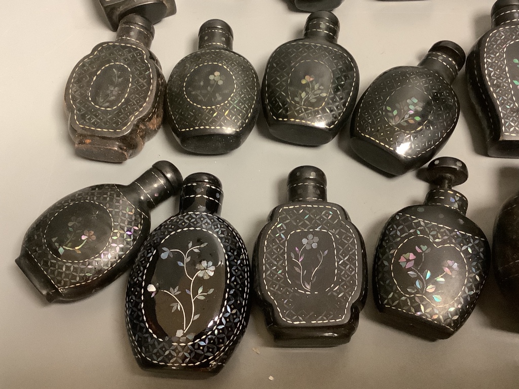 Nineteen various inlaid black lacquer snuff bottles